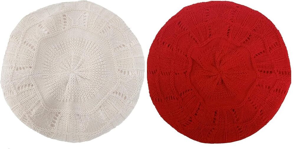 6966 2 Pieces Beige/Red Lightweight Cut Out Knit Beanie Beret Cap Crochet